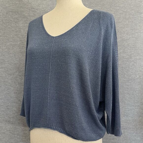 Free For Humanity Lagenlook Boxy Sweater One Size Metallic Blue Batwing Pullover - Picture 1 of 10